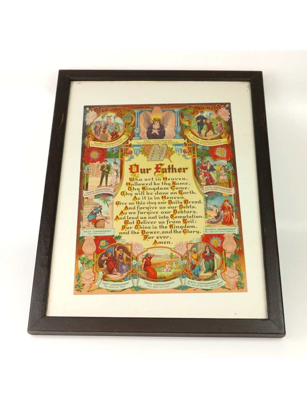 Antique Lithograph Print Lords Prayer Our Father 10 Commandments Christian Frame